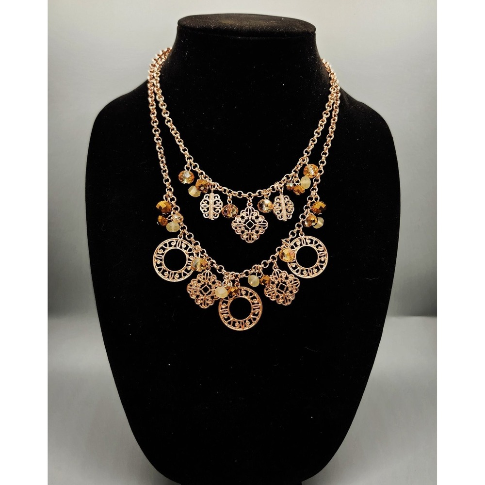 Rose Gold Tone Layered Charm Necklace Adjustable Filigree Bead Bohemian